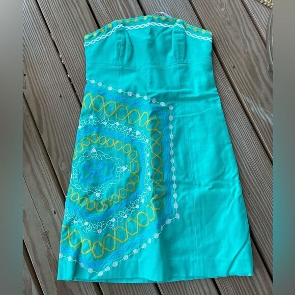 Lilly Pulitzer Bowen Aqua Comb Get It Embroidered Strapless Dress - Picture 1 of 5